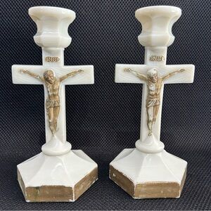 EAPG Westmoreland Pattern no 54 Milk Glass CRUCIFIX Candlesticks Pair c 1909